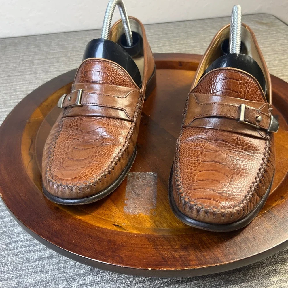 Vintage Boot Loafers Ostrich Embossed Buckle Strap Moc Toe 11 M Brown Dress
